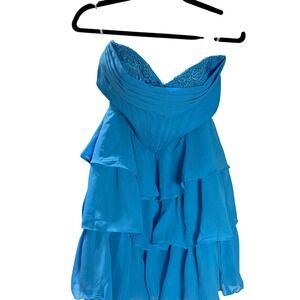Blue Strapless Corset Mini Dress Lace Sweetheart Ruffle Tiered Chiffon Party‎